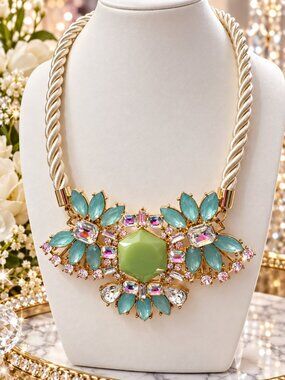 Park Lane Aqua Fleur Necklace Gold Tone Ivory Rope Statement 17-20”